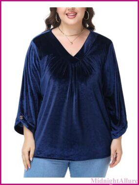 Plus Size Velvet V Neck Ruched Long Sleeve Tunic Top Loose Flowy Blouse